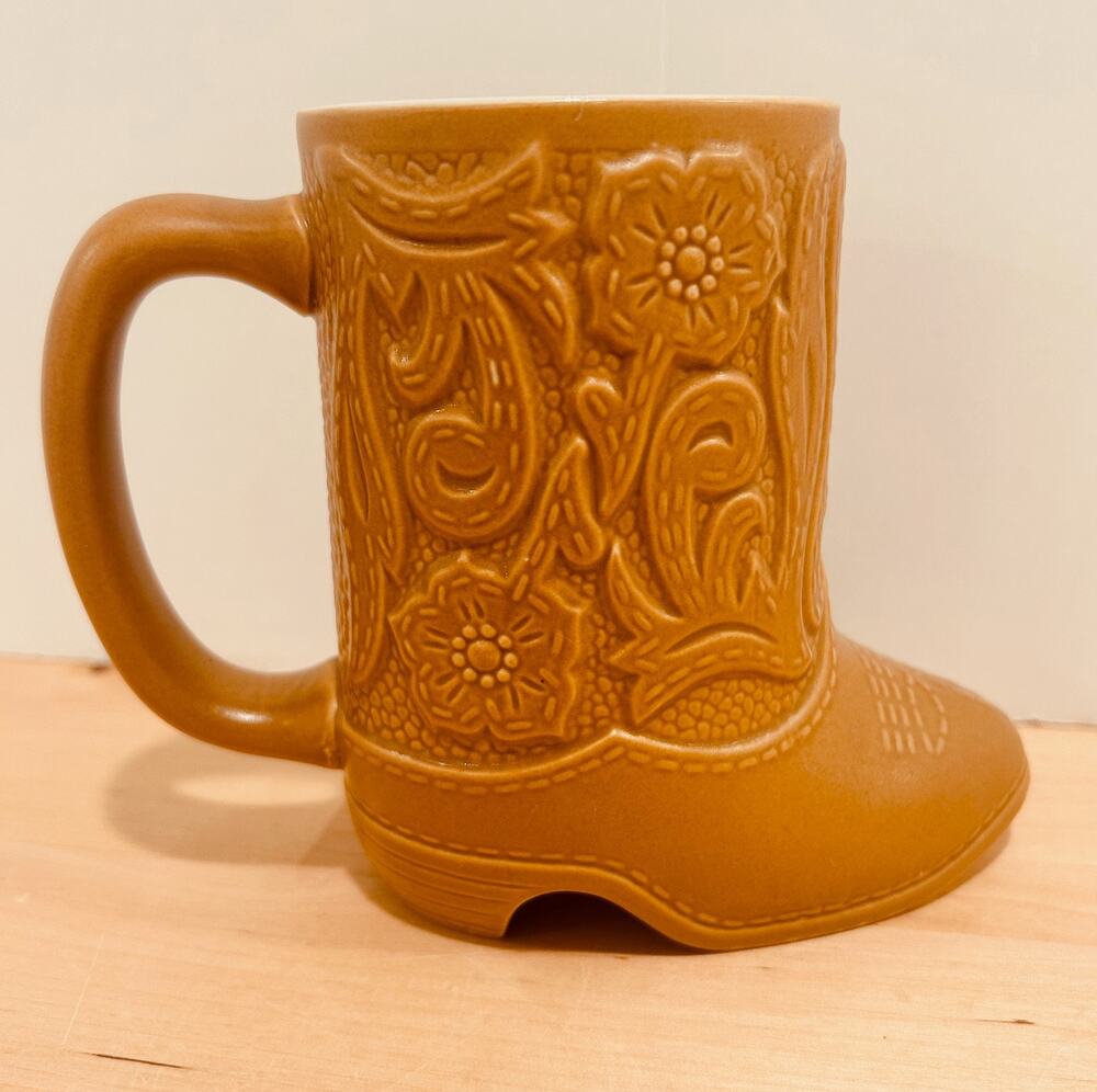 Vintage Ceramarte Cowboy Boot Coffee Mug Tan Embossed Floral Tooled Leather Braz